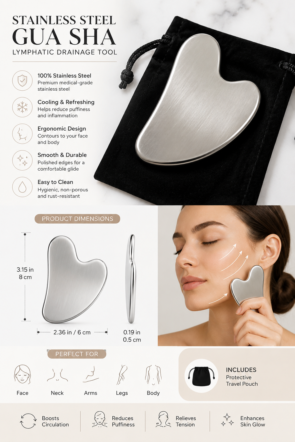 304 Real Stainless Steel GuaSha – Large Heart-Shaped Facial & Lymphatic Drainage Tool