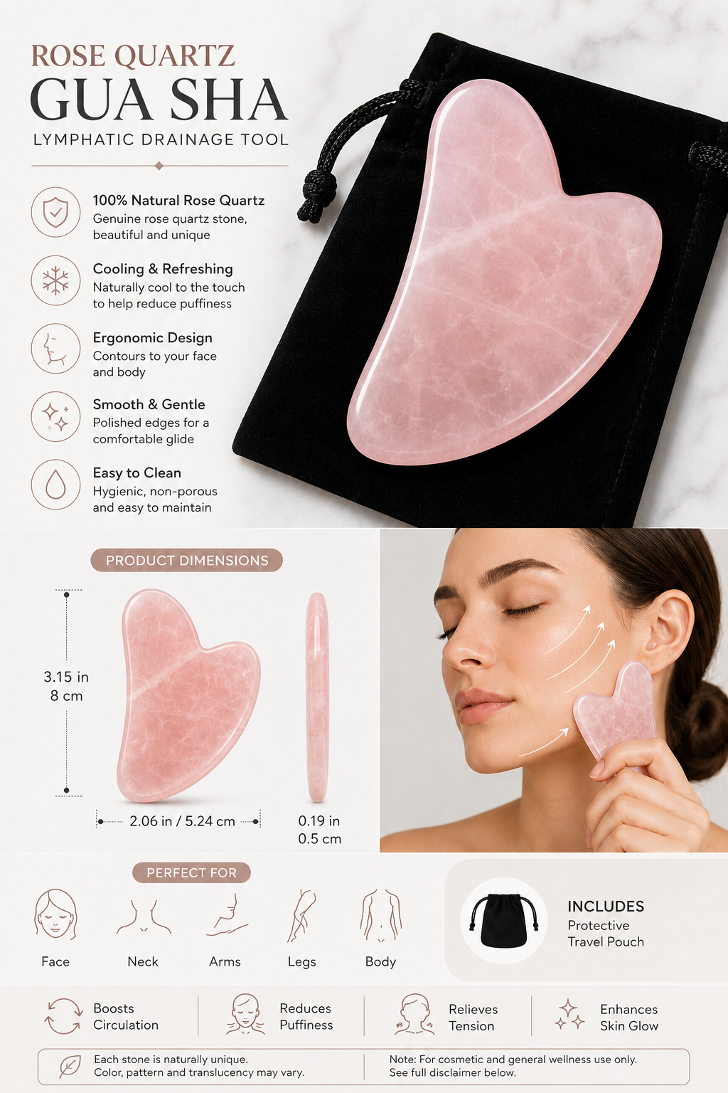 Natural Rose Quartz Gua Sha – Facial Massage & Sculpting Tool