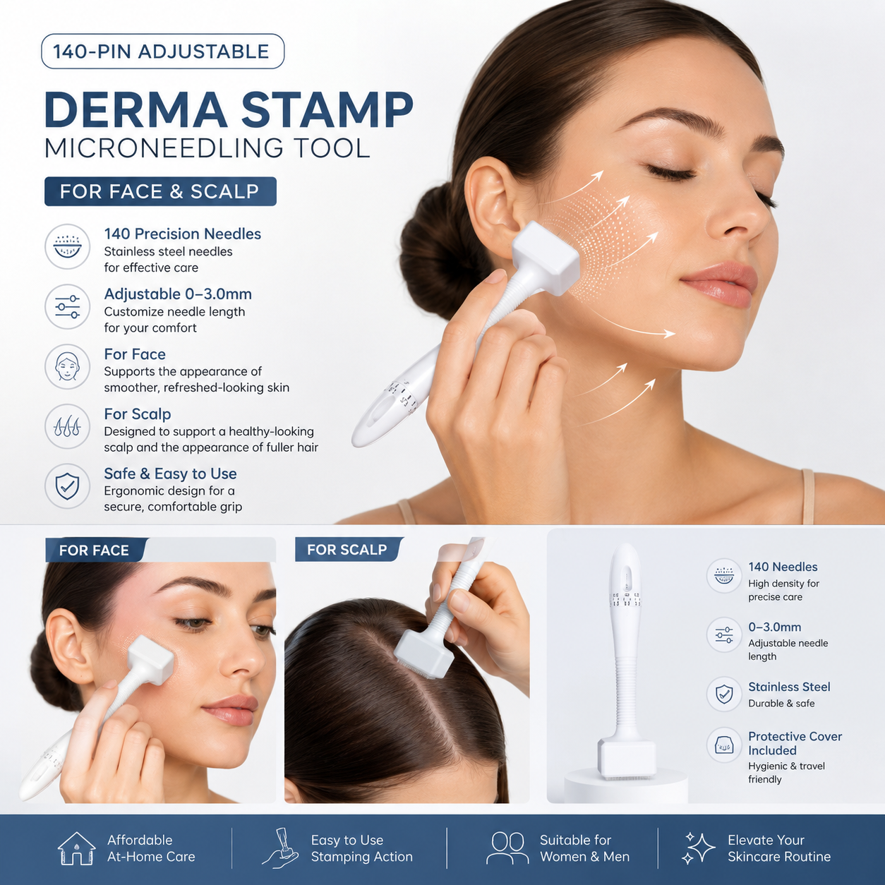 140A-Pin Adjustable Derma Stamp 0–3.0mm Micro-needling Tool for Face & Scalp